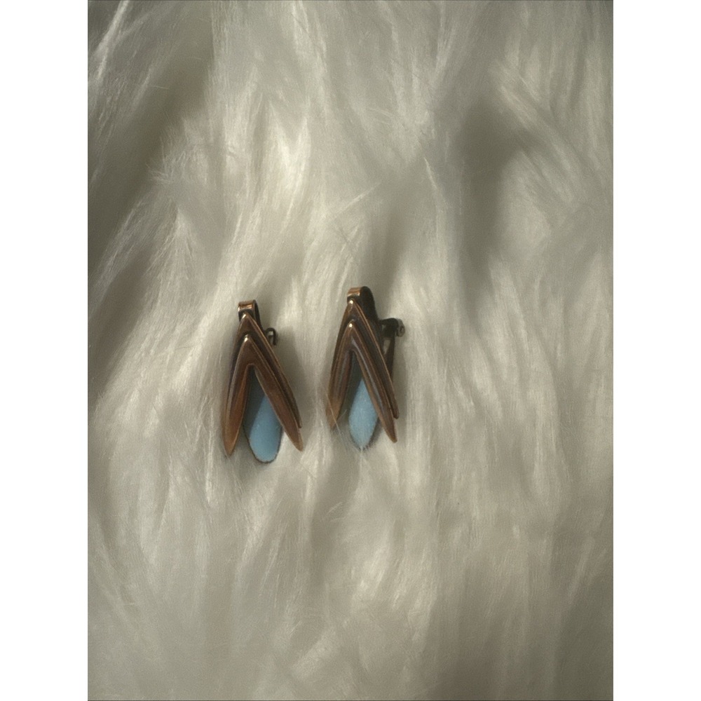 Vintage Signed Matisse Renoir Retro Blue Enamel & Copper Clip On Earrings MCM - Picture 1 of 4